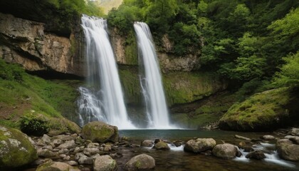 Beautiful waterfall amid the mountains' ancient summer woodland