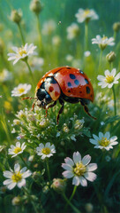 Fototapeta premium Image of beetles among flowers and grass, macro photo 4