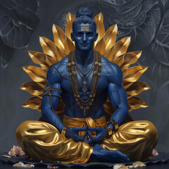 Vishnu, hindu god sits atop a lotus, symbolizing purity and divine grace