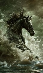 A powerful horse reflects grace and strength as it runs through the sparkling water
