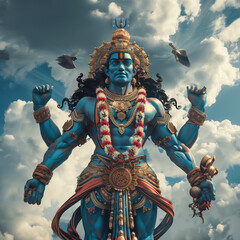 Fototapeta na wymiar Vishnu, the Indian god, stands tall in the sky, exuding divine power and tranquility
