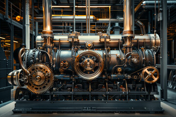Fototapeta premium Vintage industrial engine showcasing a complex arrangement of gears, pipes, and mechanical components in a factory setting..