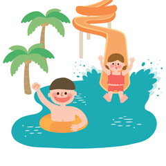 ウォータースライダーで遊ぶ子供たちのイラスト
