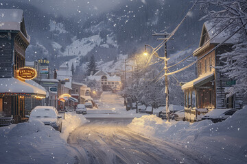 Twilight Snowfall on Quaint Town Street.