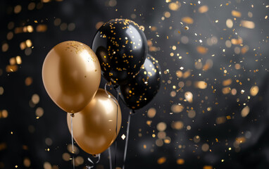 Golden Balloons Amidst Night: Glittering Confetti and Celebration, Dark Background with Copy Space