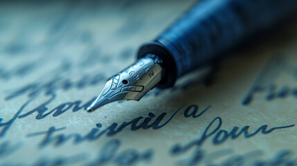 Macro shot of a blue fountain pen nib writing on paper
