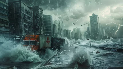 Foto op Aluminium Digital artwork of an intense storm causing urban flooding with waves crashing over streets, depicting a climate change scenario.. © bajita111122