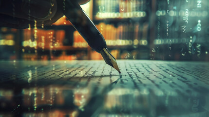 Ink pen writing on book letting see a library in background , author or writer concept image