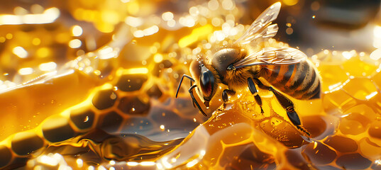 Bee and honey close up background. Generative ai design concept art.