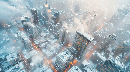 Snowstorm Blanketing City Skyline Aerial View.