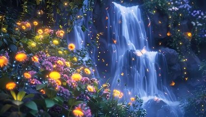 Glowing fireflies in a fairytale garden. Generative ai design concept.