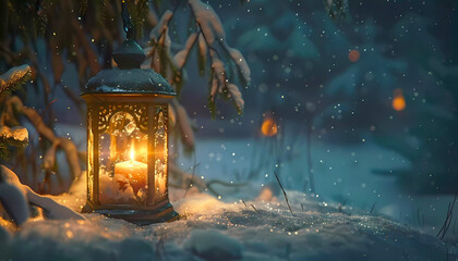 Winter evening and lantern with burning candle. Generative ai design concept art.