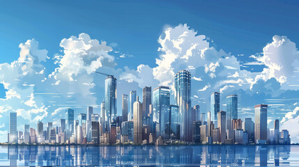 Behold the impressive skyline adorned with reflective glass skyscrapers and office buildings against a backdrop of the serene blue sky and fluffy clouds. 