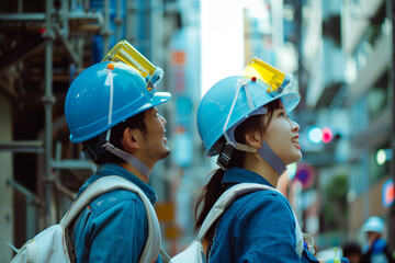 Young Asian Male and Female Construction Workers Sharing a Moment - 786906934