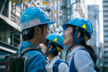 Engaged Asian Male and Female Workers in Construction Gear Conversing - 786906935