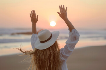 Carefree Woman with Blonde Hair Welcoming the Sunset on the Beach - 786907158