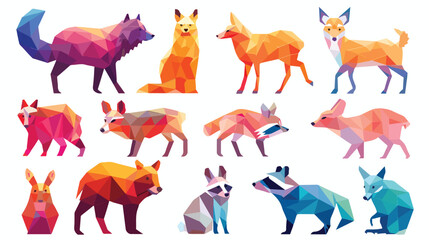 Low poly color gradient line animals set. Origami pol