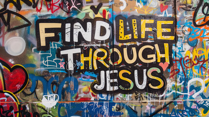 Naklejka premium Spray painted graffiti wall font Find life through Jesus graf paint artist tag yellow colorful cross heart suburb city street art mural forgives faith god religion church quote background painting 