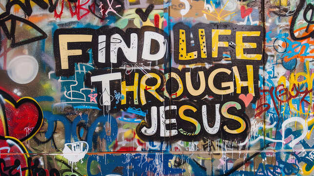 Fototapeta Spray painted graffiti wall font Find life through Jesus graf paint artist tag yellow colorful cross heart suburb city street art mural forgives faith god religion church quote background painting 
