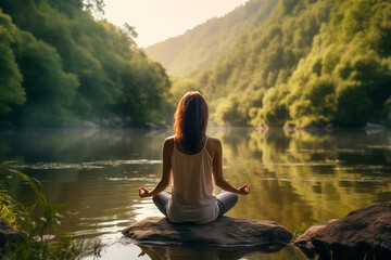 Young Woman practicing mindfulness and meditation in tranquil nature