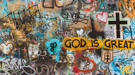 Naklejka premium Street art graffiti wall positive bold quote GOD Is Great spray painted graf paint artist tag colorful backdrop cross city lord mural faith jesus christ religion church word background painting 