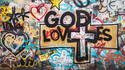 Spray painted graffiti wall positive quote GOD Loves graf paint artist tag rainbow colorful cross yellow black street art mural forgives faith jesus christ religion church word background painting 