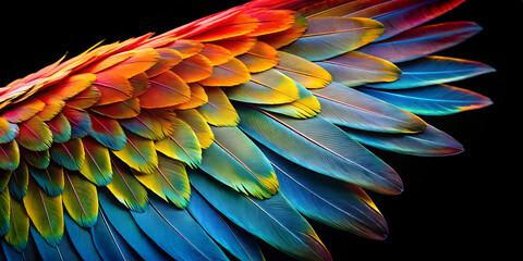 Parrot wing on a black background, minimalism, Zoomorphic, texture, wallpaper, HD generated AI