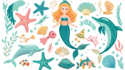 Afwasbaar Fotobehang In de zee Marine life illustrations set Little cute cartoon