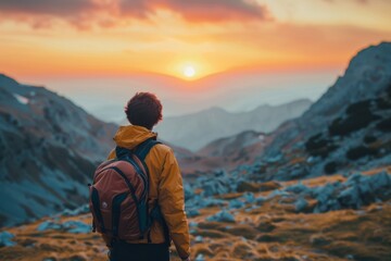A man with a backpack gazes at the setting sun - obrazy, fototapety, plakaty