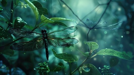 Dark dragonfly rainforest - obrazy, fototapety, plakaty