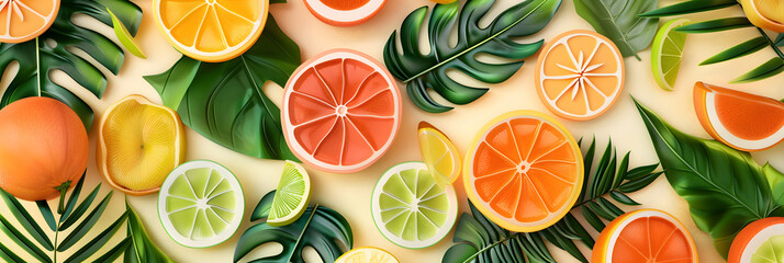 Summer bright background with oranges grapefruits and green leaves on the yellow surface.
 - obrazy, fototapety, plakaty