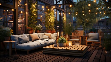 Terrace house with plants wooden wall and table comfortable sofa armchair and lanterns. Cozy space in patio or balcony. Wooden veranda with garden furniture. Modern lounge outdoors in backyard  - obrazy, fototapety, plakaty
