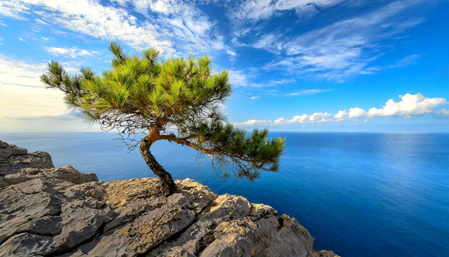 A beautiful resilient tree, small maritime pine growing on the rocky cliff with a beautiful seascape on background. Concept of tree fighting for life on a rock, hope and survival. Generative Ai.