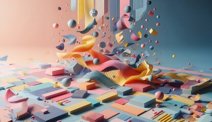 pastel 3D shapes appear to be falling and bouncing off a surface

