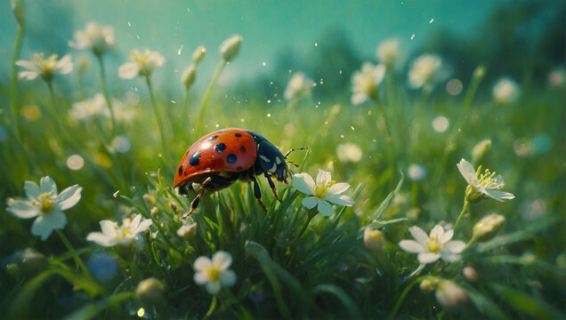 Image of beetles among flowers and grass, macro 4K photo 23