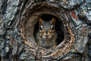 An adorable squirrel peers out from the safety of a tree hollow, its eyes wide with curiosity and alertness.