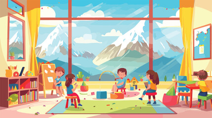 Modern elite kindergarten playroom with great mountain - obrazy, fototapety, plakaty