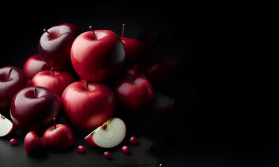 Obraz premium Red apples on dark wooden background Autumn harvest Flat lay Selective focus, generative ai