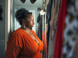 Body Positive Concept: Plus Size Woman Choosing Clothes in Home Wardrobe. Overweight Young Woman Holding Hangers with Blouses, Contemplating Fashion Choices in Front of Mirror