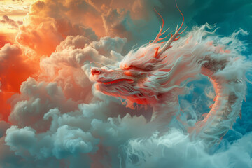A digital artwork of a magnificent dragon flying amidst vibrant, fiery clouds at sunset, evoking fantasy and adventure. - obrazy, fototapety, plakaty