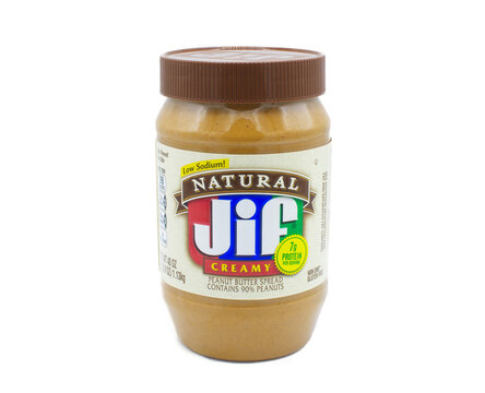 Ocala, Florida April 5, 2024 Image of a jar of natural Jif Creamy Peanut Butter. Jif is a brand of peanut butter made by The J.M. Smucker Company and debut in 1958 in crunchy and creamy