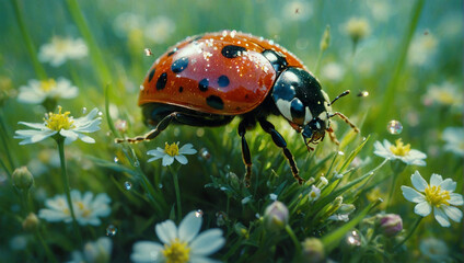 Image of beetles among flowers and grass, macro 4K photo 5