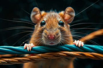 A close-up of a rat balancing on a maze of electrical wires, showcasing its adaptability to the urban jungle.