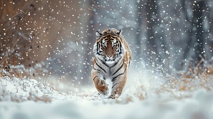 Tiger in wild winter nature. Amur tiger running in the snow. Action wildlife scene with danger...