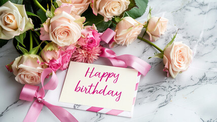 Happy birthday card on flower bouquet with roses and pink ribbon on marble table