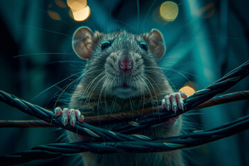 A close-up of a rat balancing on a maze of electrical wires, showcasing its adaptability to the urban jungle. - obrazy, fototapety, plakaty