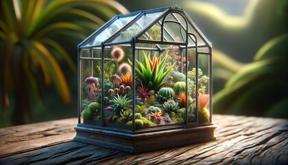 A high-resolution image depicting a miniature glass greenhouse on a rustic wooden surface.