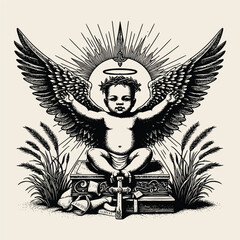 hand drawn baby with wings old engraving vector illustration style. retro vintage illustration baby with wings in old engraving vecor style
