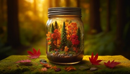 A high-resolution image of a mason jar placed on a moss-covered surface in a forest setting.