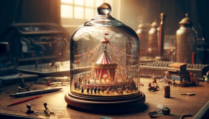 A high-resolution, detailed image of a vintage glass bell jar on an antique wooden desk.